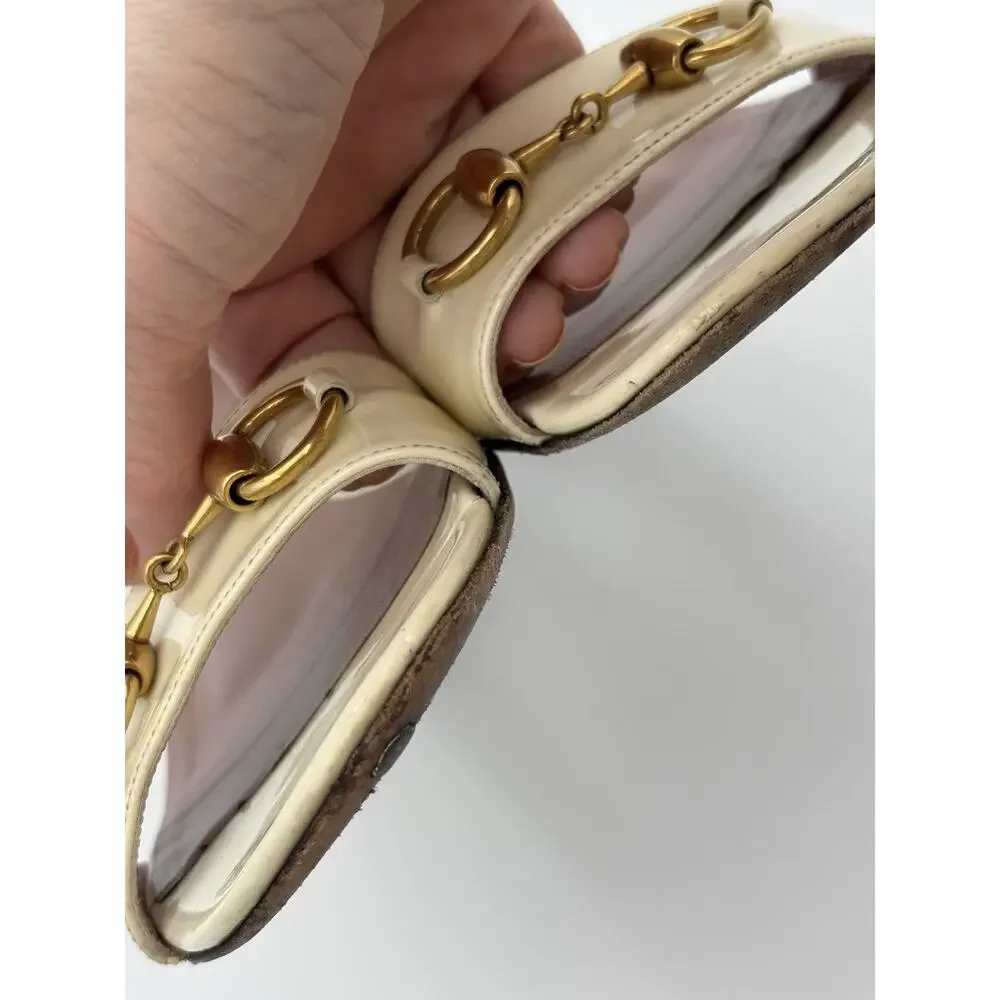 Gucci Horsebit Sandals Cream Patent Leather Size 37 / 7 Adjustable Ankle Strap - Picture 10 of 16